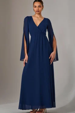 Jolie Moi Occasion Dresses|Long Sleeved Dresses-Chiffon Cap Sleeve Maxi Dress, Navy