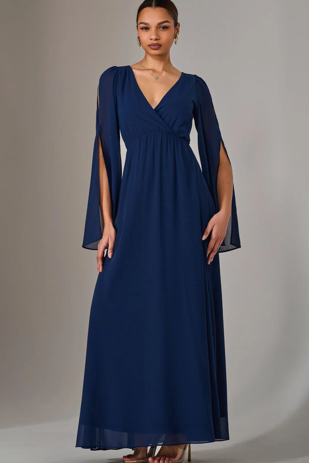 Jolie Moi Occasion Dresses|Long Sleeved Dresses-Chiffon Cap Sleeve Maxi Dress, Navy
