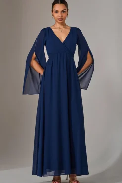 Jolie Moi Occasion Dresses|Long Sleeved Dresses-Chiffon Cap Sleeve Maxi Dress, Navy