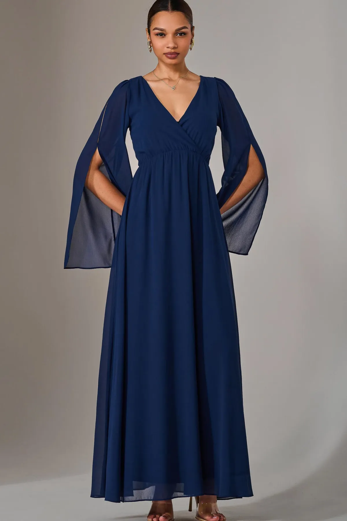 Jolie Moi Occasion Dresses|Long Sleeved Dresses-Chiffon Cap Sleeve Maxi Dress, Navy
