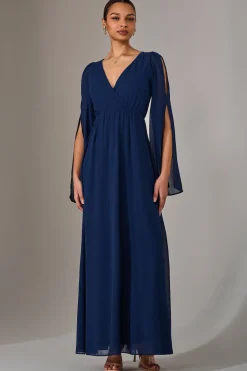 Jolie Moi Occasion Dresses|Long Sleeved Dresses-Chiffon Cap Sleeve Maxi Dress, Navy
