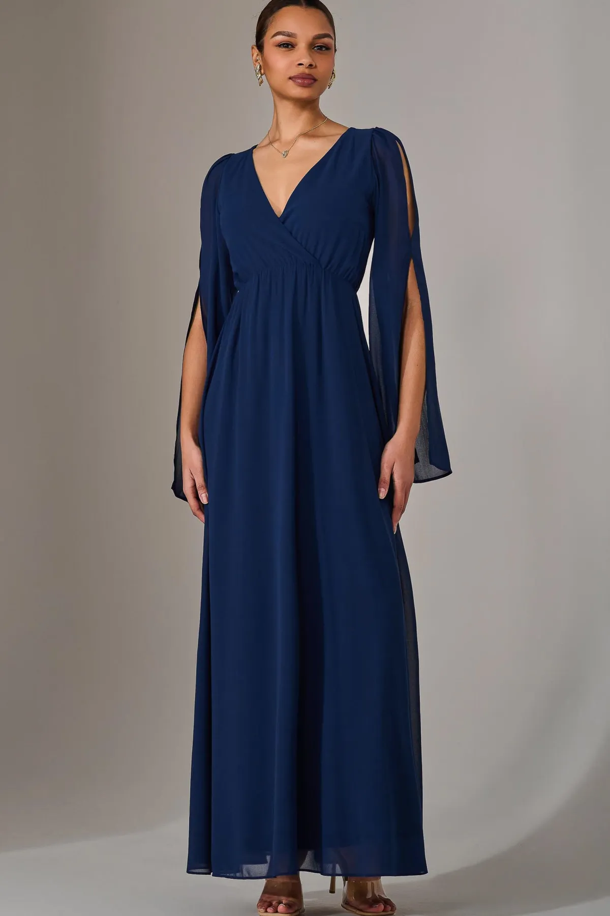 Jolie Moi Occasion Dresses|Long Sleeved Dresses-Chiffon Cap Sleeve Maxi Dress, Navy