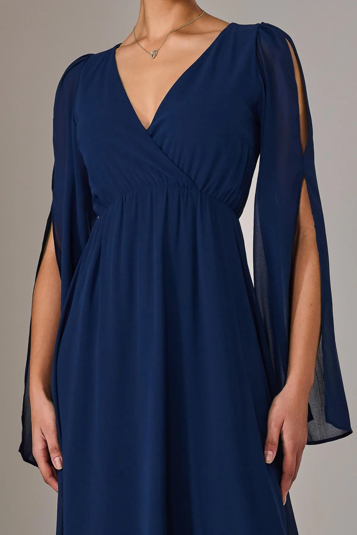 Jolie Moi Occasion Dresses|Long Sleeved Dresses-Chiffon Cap Sleeve Maxi Dress, Navy
