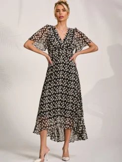 Jolie Moi Occasion Dresses|Party Dresses-Chiffon Floaty Sleeved Midaxi Dress, Black Spot