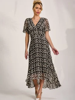 Jolie Moi Occasion Dresses|Party Dresses-Chiffon Floaty Sleeved Midaxi Dress, Black Spot