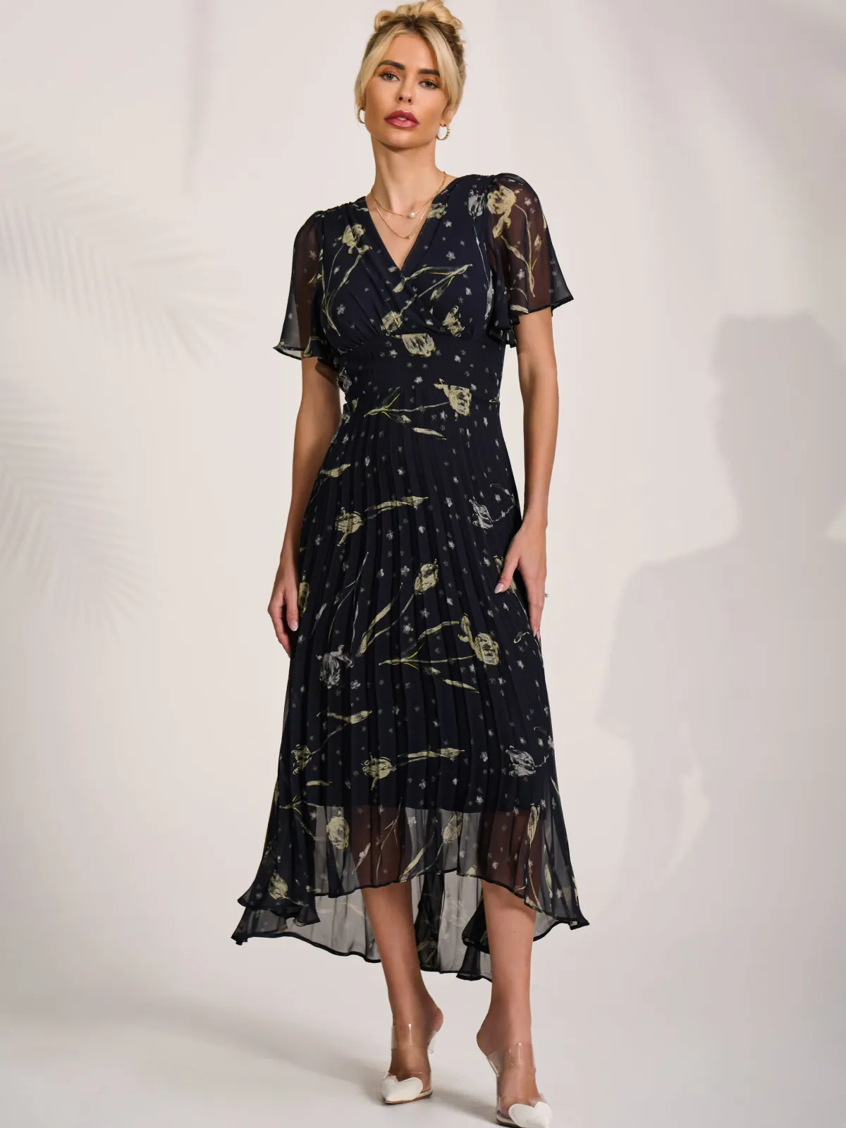 Jolie Moi Occasion Dresses|Party Dresses-Chiffon Floaty Sleeved Midaxi Dress, Navy Abstract