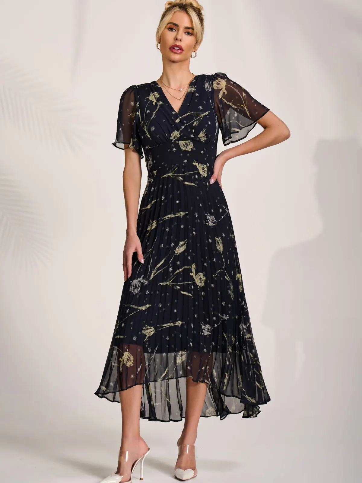 Jolie Moi Occasion Dresses|Party Dresses-Chiffon Floaty Sleeved Midaxi Dress, Navy Abstract