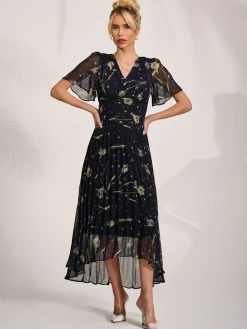 Jolie Moi Occasion Dresses|Party Dresses-Chiffon Floaty Sleeved Midaxi Dress, Navy Abstract