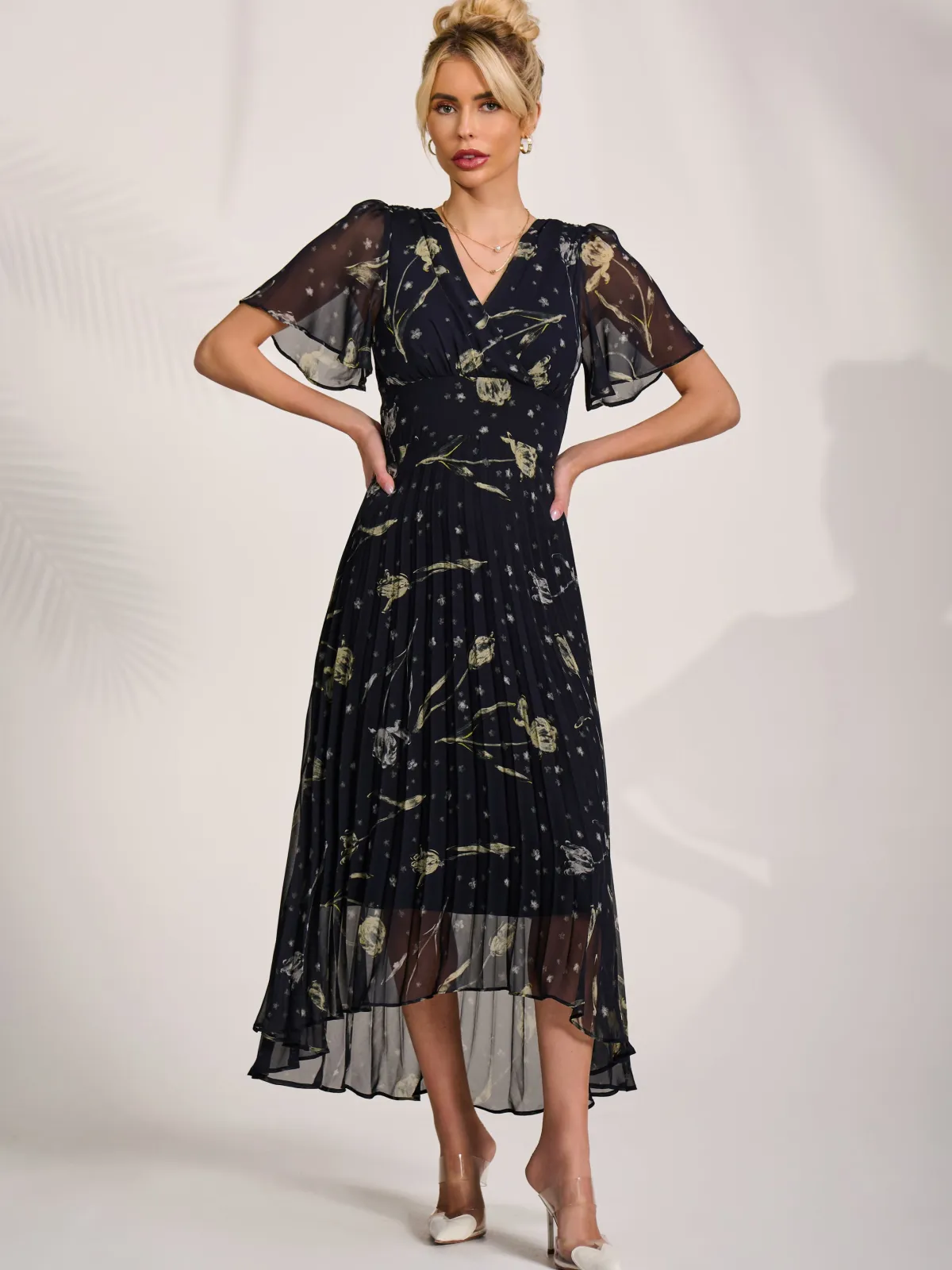Jolie Moi Occasion Dresses|Party Dresses-Chiffon Floaty Sleeved Midaxi Dress, Navy Abstract