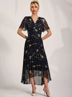 Jolie Moi Occasion Dresses|Party Dresses-Chiffon Floaty Sleeved Midaxi Dress, Navy Abstract