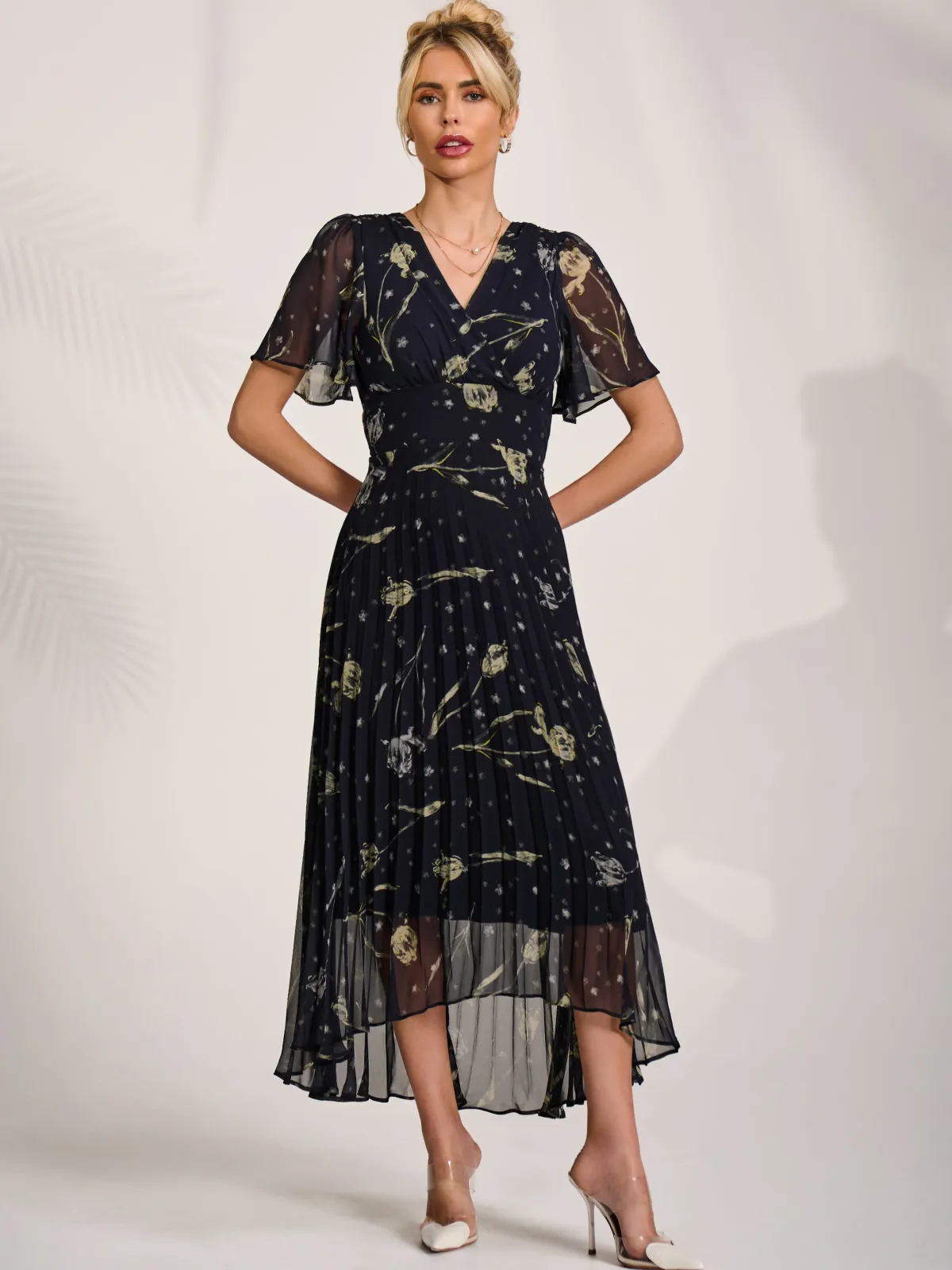 Jolie Moi Occasion Dresses|Party Dresses-Chiffon Floaty Sleeved Midaxi Dress, Navy Abstract