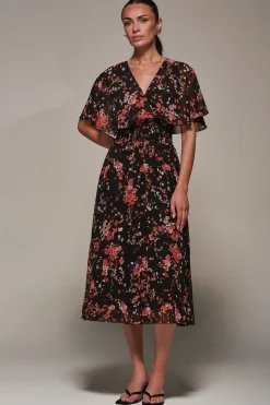 Jolie Moi Occasion Dresses|Floral Dresses-Chiffon Floral Print Pleated Midaxi Dress, Black Red Floral