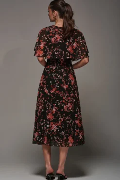 Jolie Moi Occasion Dresses|Floral Dresses-Chiffon Floral Print Pleated Midaxi Dress, Black Red Floral