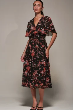 Jolie Moi Occasion Dresses|Floral Dresses-Chiffon Floral Print Pleated Midaxi Dress, Black Red Floral