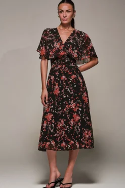 Jolie Moi Occasion Dresses|Floral Dresses-Chiffon Floral Print Pleated Midaxi Dress, Black Red Floral