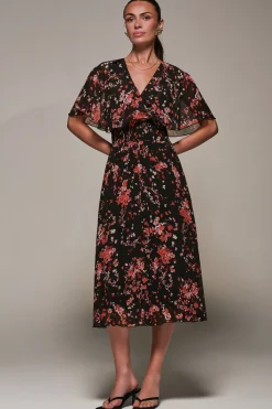 Jolie Moi Occasion Dresses|Floral Dresses-Chiffon Floral Print Pleated Midaxi Dress, Black Red Floral