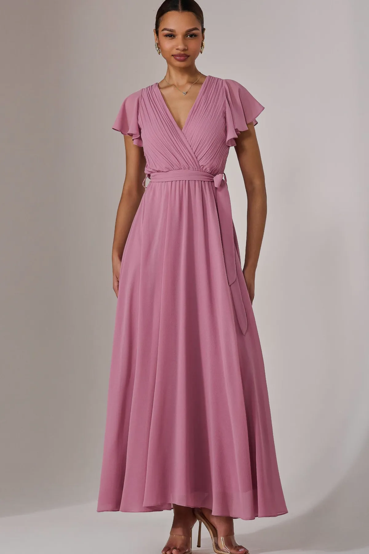 Jolie Moi Occasion Dresses|Maxi Dresses-Chiffon Flutter Sleeve Maxi Dress, Dusty Pink