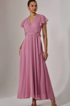 Jolie Moi Occasion Dresses|Maxi Dresses-Chiffon Flutter Sleeve Maxi Dress, Dusty Pink