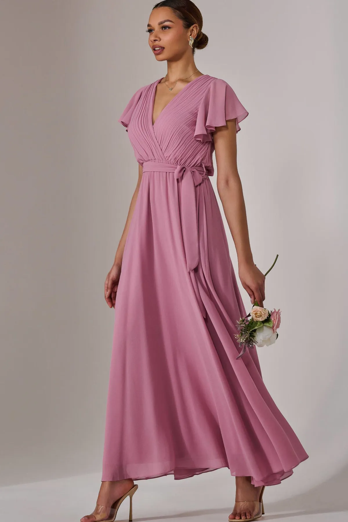 Jolie Moi Occasion Dresses|Maxi Dresses-Chiffon Flutter Sleeve Maxi Dress, Dusty Pink