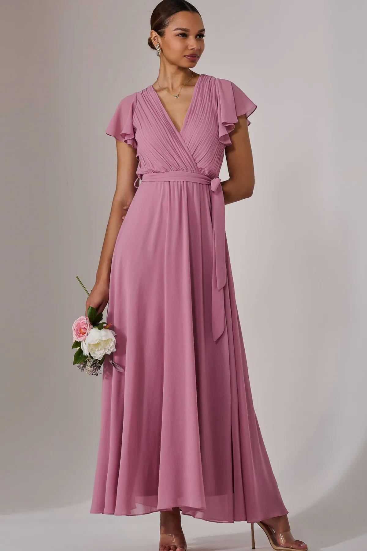 Jolie Moi Occasion Dresses|Maxi Dresses-Chiffon Flutter Sleeve Maxi Dress, Dusty Pink