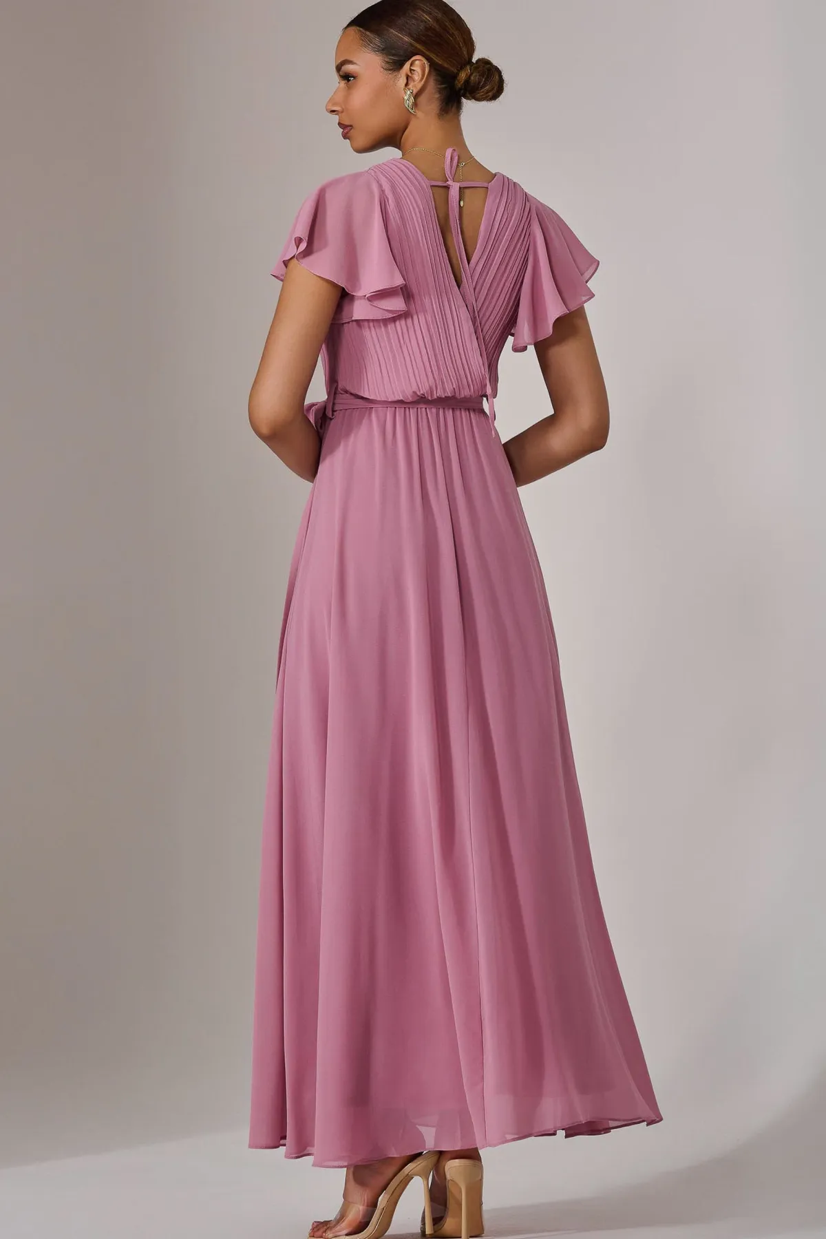 Jolie Moi Occasion Dresses|Maxi Dresses-Chiffon Flutter Sleeve Maxi Dress, Dusty Pink