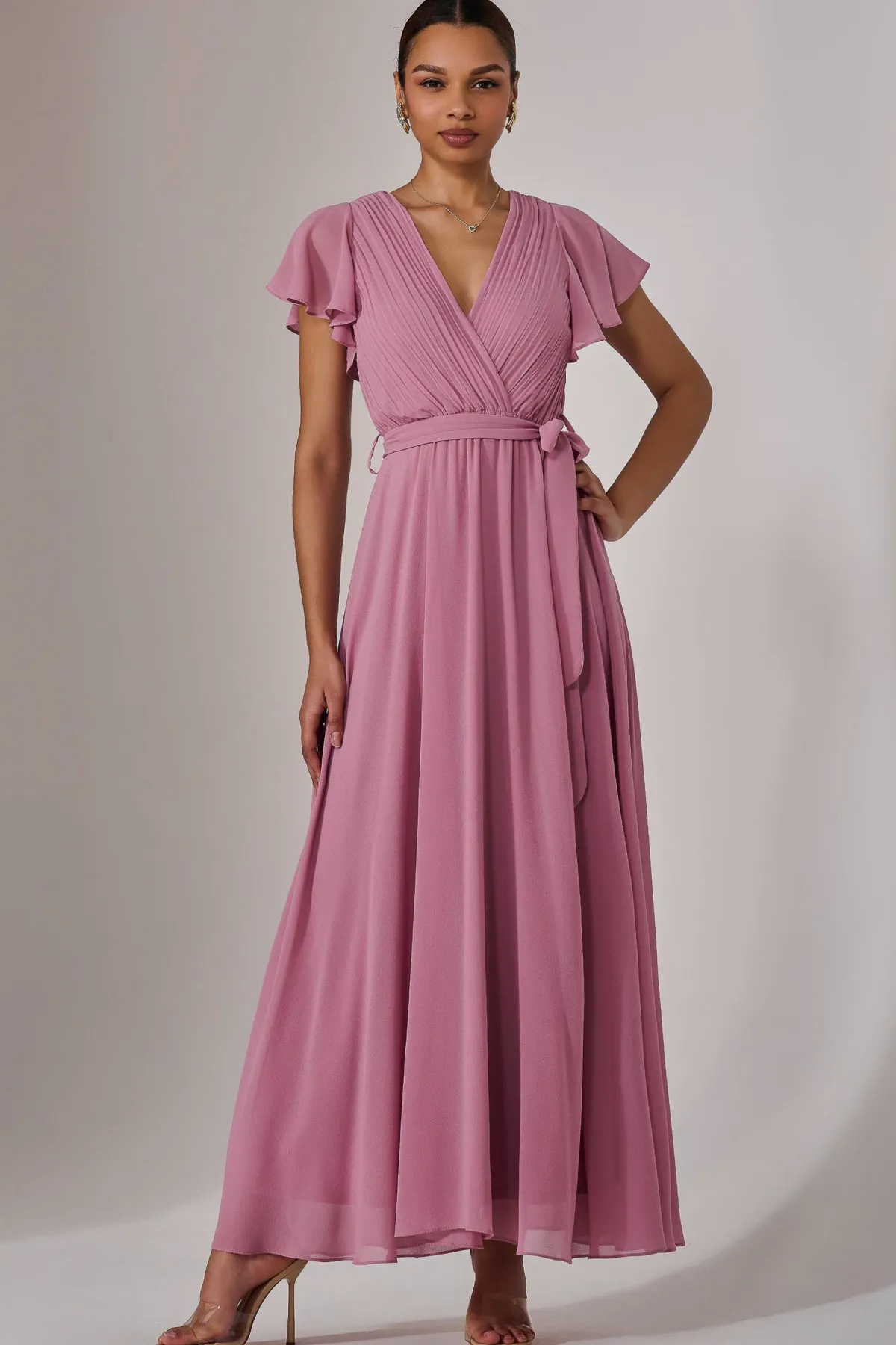 Jolie Moi Occasion Dresses|Maxi Dresses-Chiffon Flutter Sleeve Maxi Dress, Dusty Pink