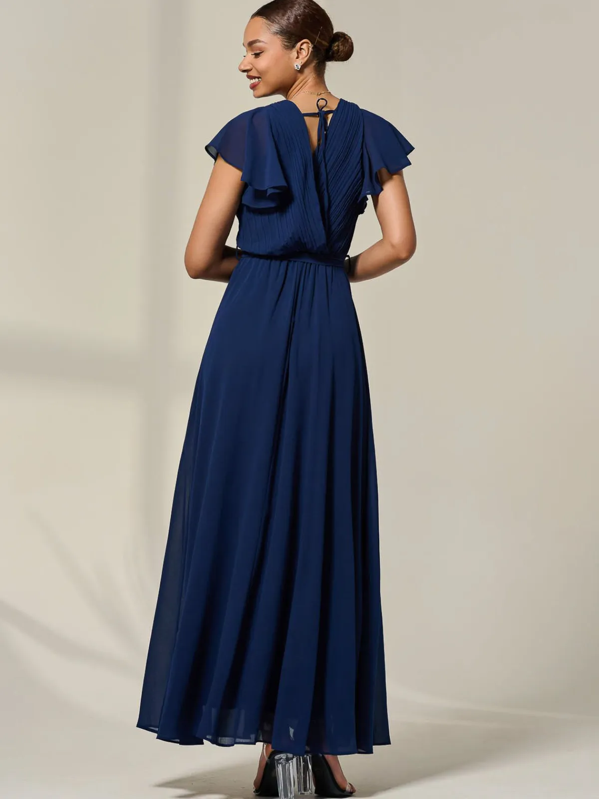 Jolie Moi Occasion Dresses|Wrap Dresses-Chiffon Flutter Sleeve Maxi Dress, Navy