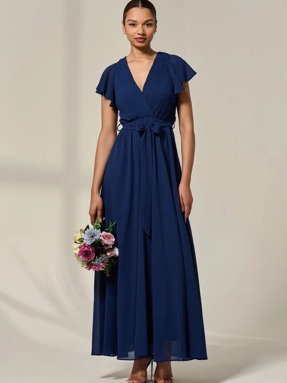 Jolie Moi Occasion Dresses|Wrap Dresses-Chiffon Flutter Sleeve Maxi Dress, Navy