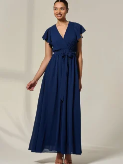 Jolie Moi Occasion Dresses|Wrap Dresses-Chiffon Flutter Sleeve Maxi Dress, Navy
