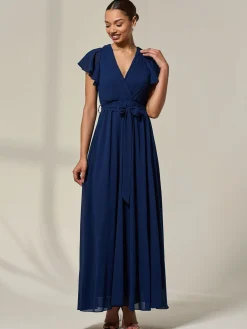 Jolie Moi Occasion Dresses|Wrap Dresses-Chiffon Flutter Sleeve Maxi Dress, Navy