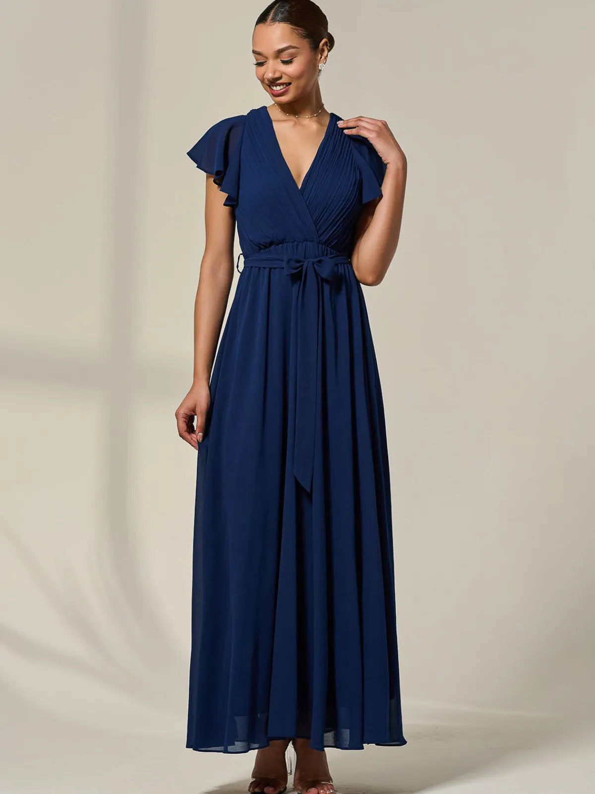 Jolie Moi Occasion Dresses|Wrap Dresses-Chiffon Flutter Sleeve Maxi Dress, Navy