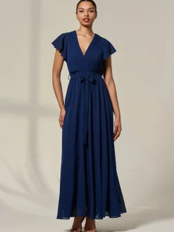 Jolie Moi Occasion Dresses|Wrap Dresses-Chiffon Flutter Sleeve Maxi Dress, Navy