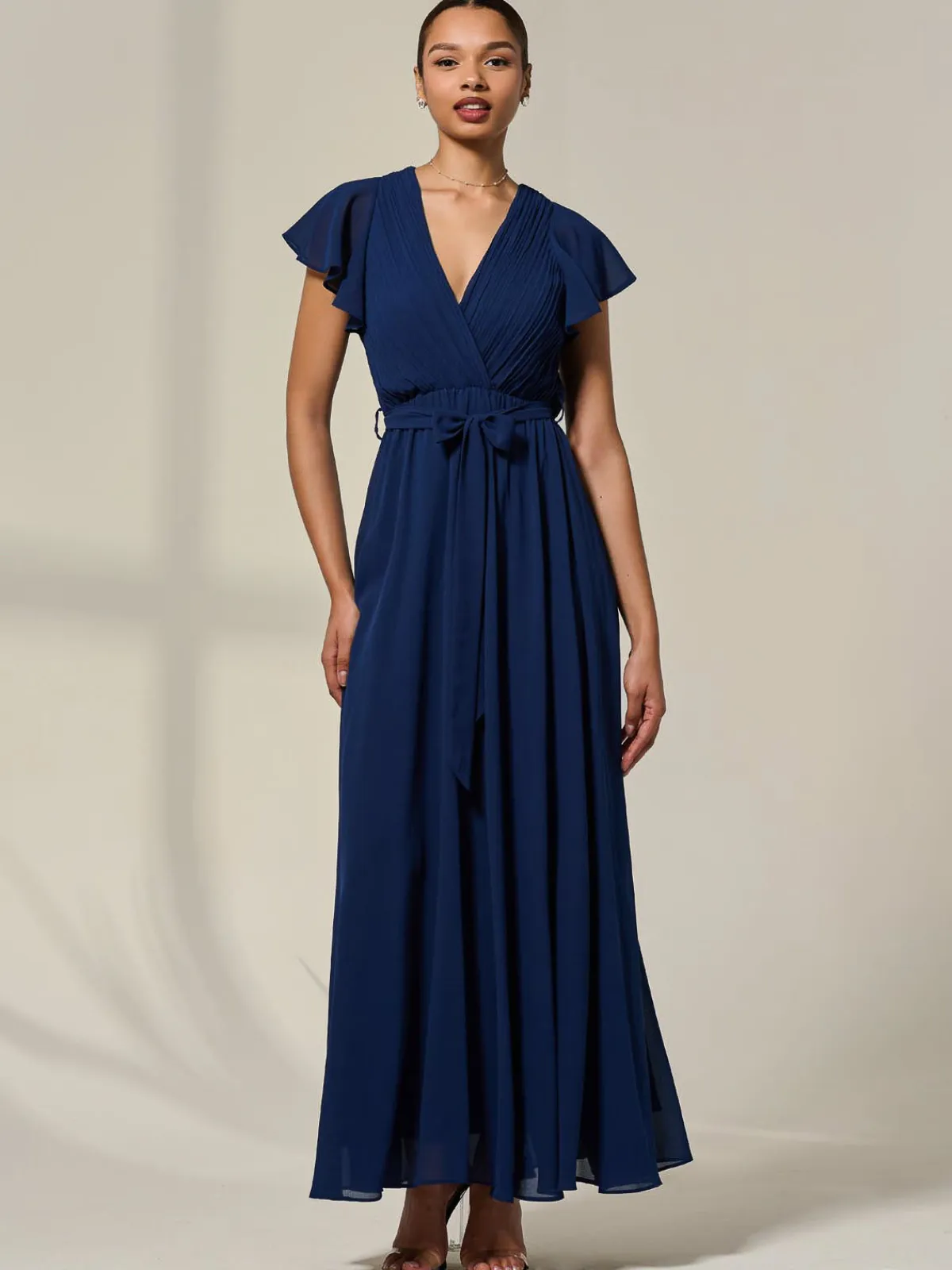 Jolie Moi Occasion Dresses|Wrap Dresses-Chiffon Flutter Sleeve Maxi Dress, Navy