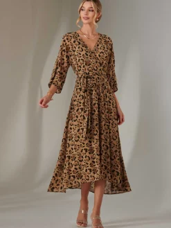 Jolie Moi Occasion Dresses|Maxi Dresses-Chiffon Gold Spot Patterned Midaxi Dress, Brown Leopard