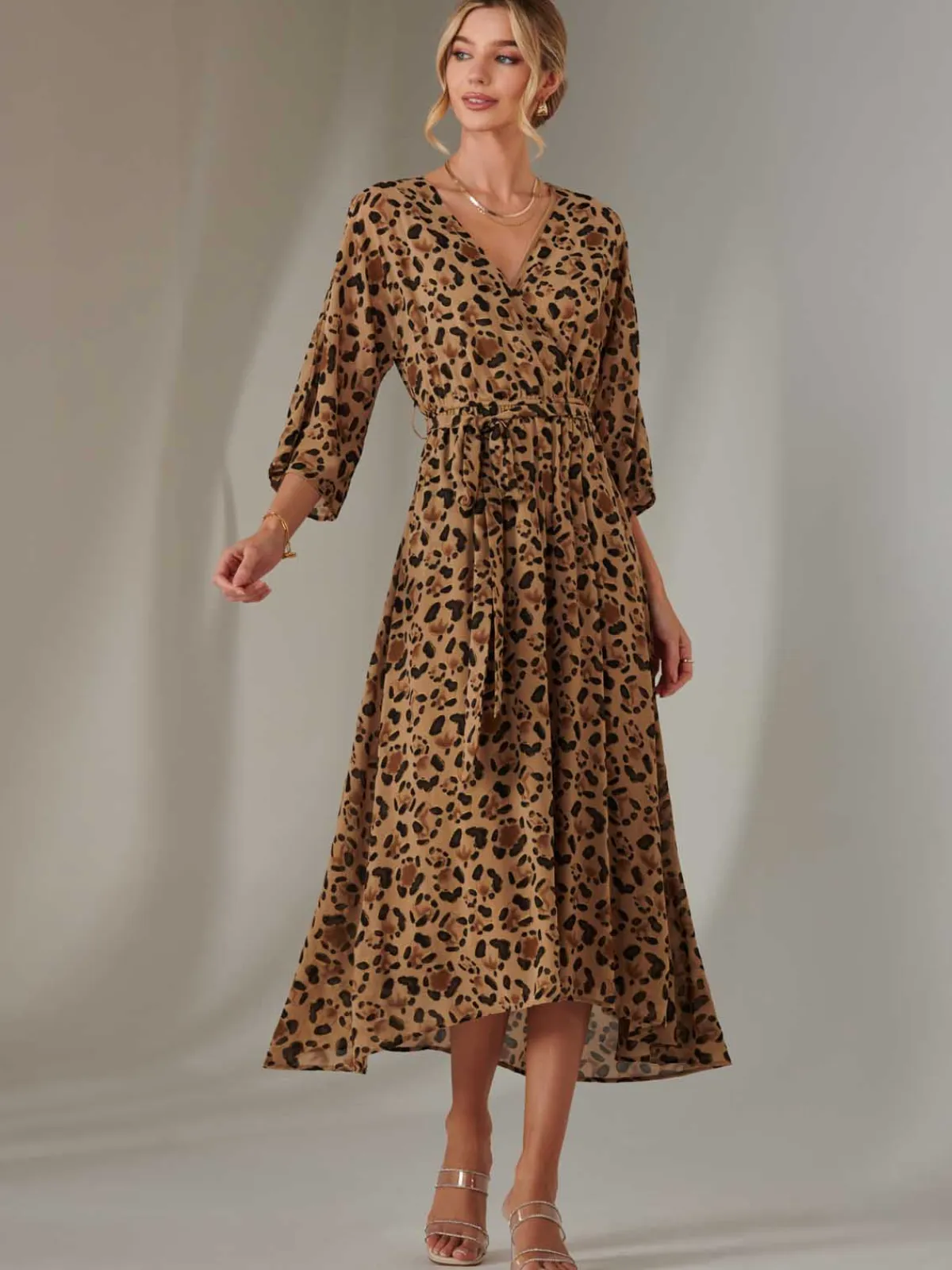 Jolie Moi Occasion Dresses|Maxi Dresses-Chiffon Gold Spot Patterned Midaxi Dress, Brown Leopard