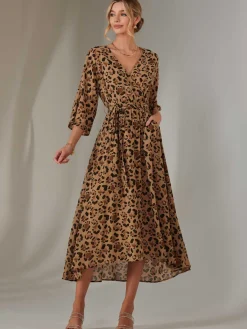 Jolie Moi Occasion Dresses|Maxi Dresses-Chiffon Gold Spot Patterned Midaxi Dress, Brown Leopard