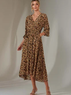 Jolie Moi Occasion Dresses|Maxi Dresses-Chiffon Gold Spot Patterned Midaxi Dress, Brown Leopard