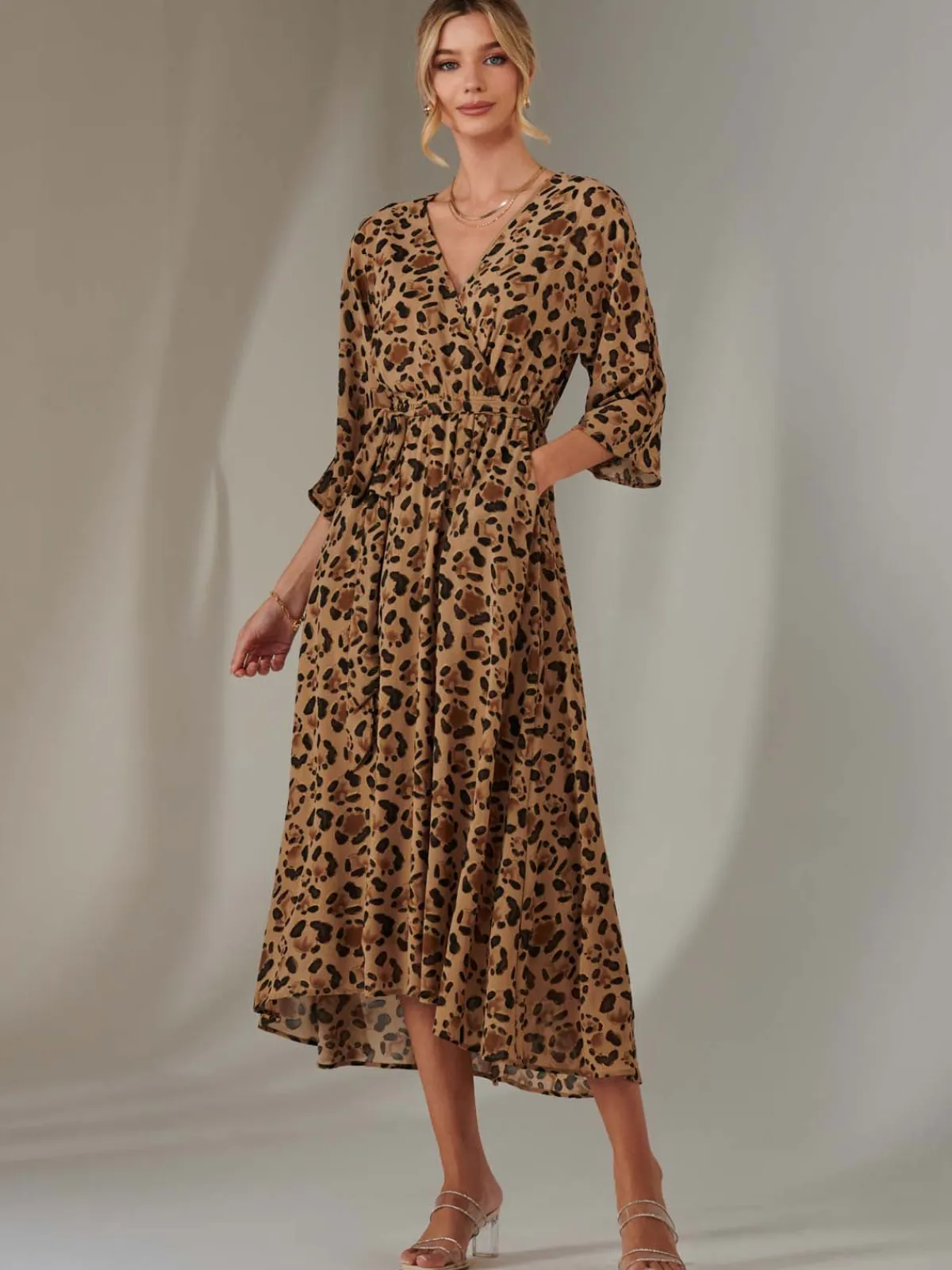 Jolie Moi Occasion Dresses|Maxi Dresses-Chiffon Gold Spot Patterned Midaxi Dress, Brown Leopard