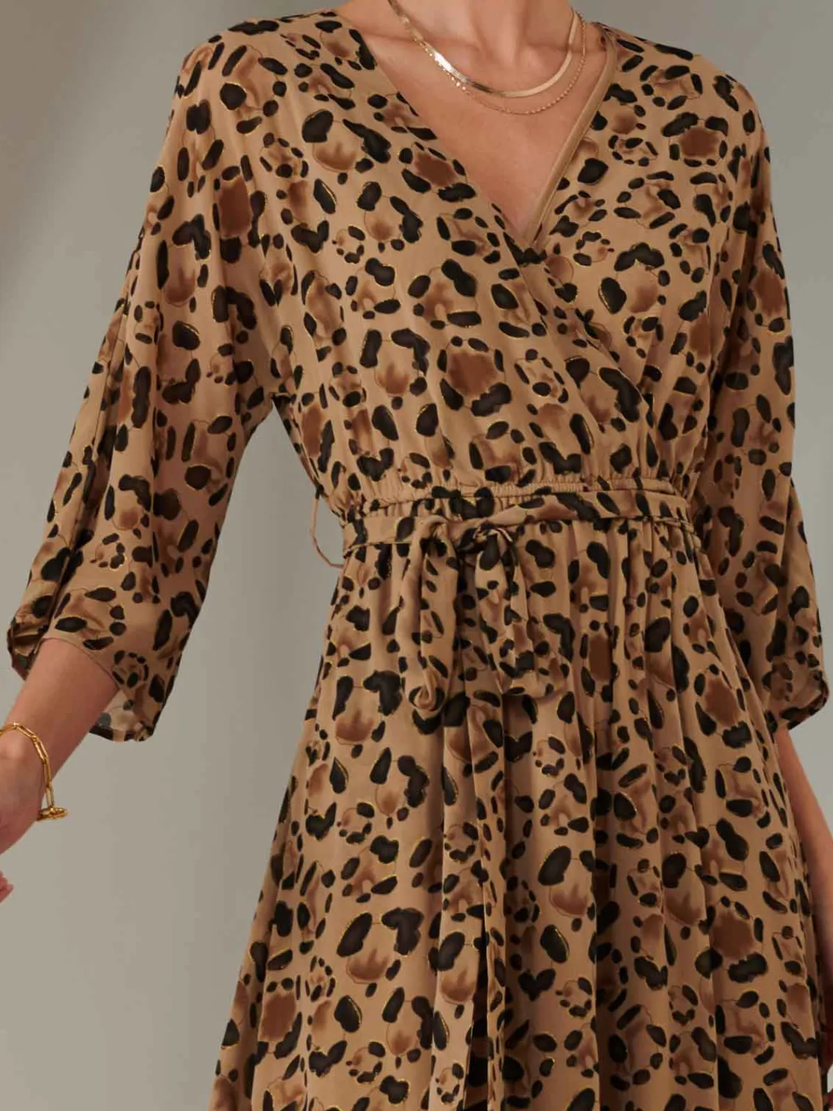 Jolie Moi Occasion Dresses|Maxi Dresses-Chiffon Gold Spot Patterned Midaxi Dress, Brown Leopard
