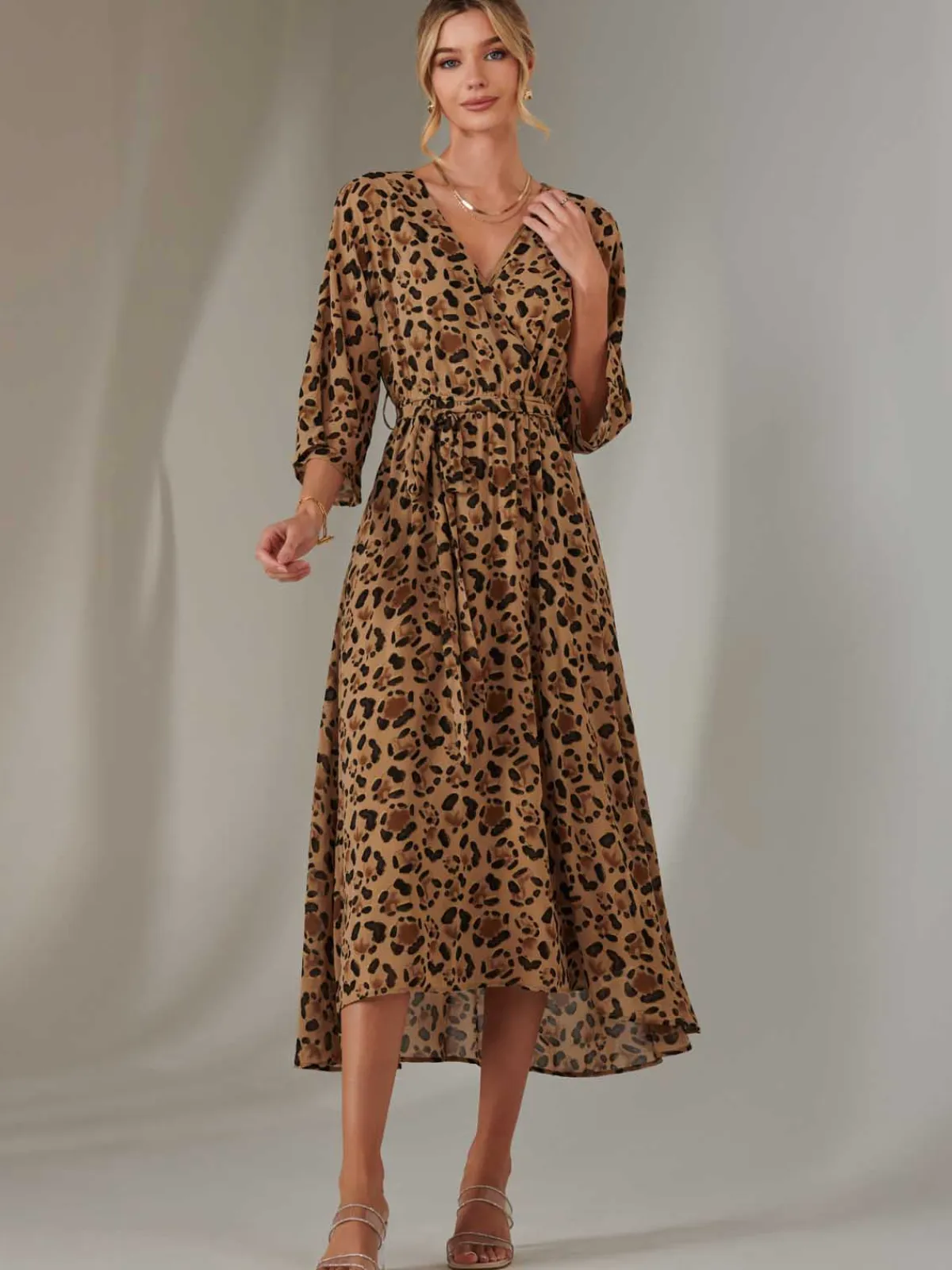 Jolie Moi Occasion Dresses|Maxi Dresses-Chiffon Gold Spot Patterned Midaxi Dress, Brown Leopard