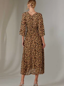 Jolie Moi Occasion Dresses|Maxi Dresses-Chiffon Gold Spot Patterned Midaxi Dress, Brown Leopard