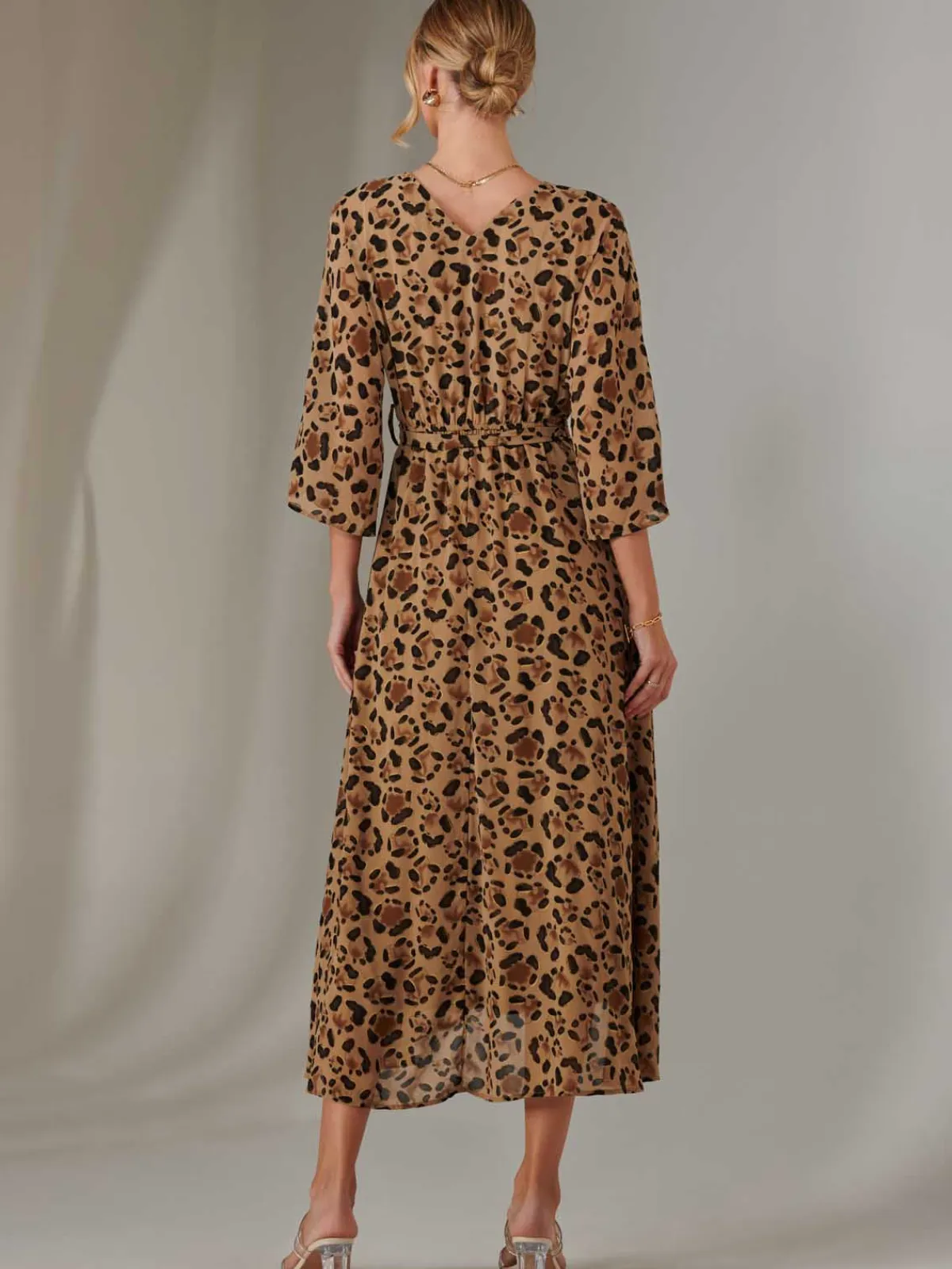 Jolie Moi Occasion Dresses|Maxi Dresses-Chiffon Gold Spot Patterned Midaxi Dress, Brown Leopard