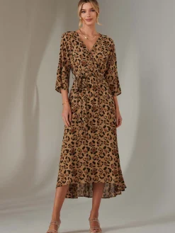 Jolie Moi Occasion Dresses|Maxi Dresses-Chiffon Gold Spot Patterned Midaxi Dress, Brown Leopard