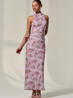 Jolie Moi Occasion Dresses|Floral Dresses-Chiffon Halter Neck Maxi Dress, Red Floral