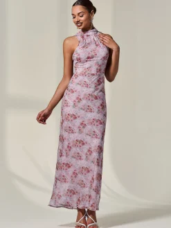 Jolie Moi Occasion Dresses|Floral Dresses-Chiffon Halter Neck Maxi Dress, Red Floral