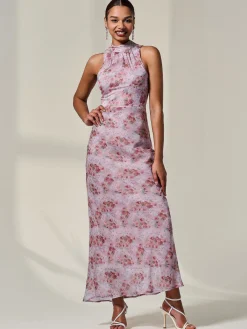 Jolie Moi Occasion Dresses|Floral Dresses-Chiffon Halter Neck Maxi Dress, Red Floral