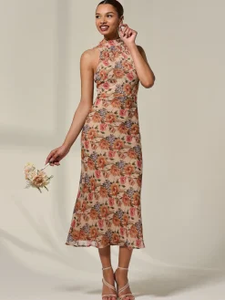 Jolie Moi Occasion Dresses|Floral Dresses-Chiffon Halterneck Printed Midaxi Dress, Beige Floral