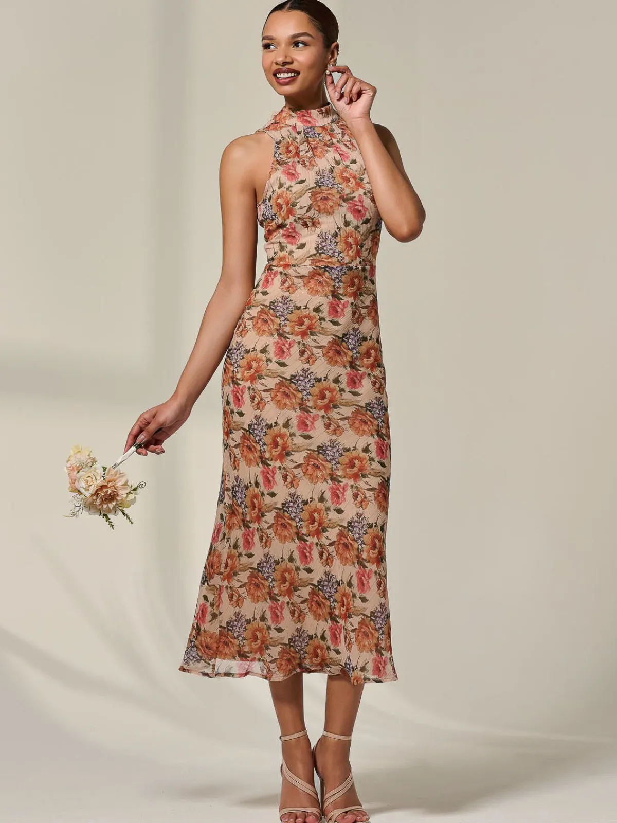 Jolie Moi Occasion Dresses|Floral Dresses-Chiffon Halterneck Printed Midaxi Dress, Beige Floral
