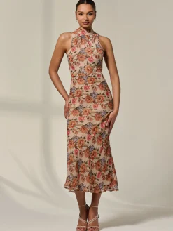 Jolie Moi Occasion Dresses|Floral Dresses-Chiffon Halterneck Printed Midaxi Dress, Beige Floral