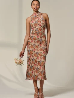 Jolie Moi Occasion Dresses|Floral Dresses-Chiffon Halterneck Printed Midaxi Dress, Beige Floral